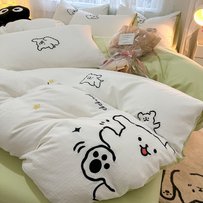 91家纺网 家纺一手货源 找家纺 多乐家纺 2025新款超柔加厚有氧提花针织小竺棉绣花四件套(提供买家秀） 小白-白绿