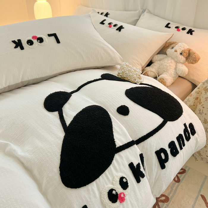 91家纺网 家纺一手货源 找家纺 多乐家纺 2025新款超柔加厚有氧提花针织小竺棉绣花四件套(提供买家秀） 大脸猫-白灰