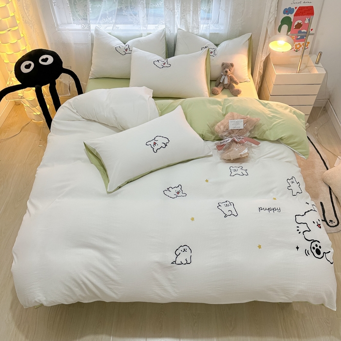 91家纺网 家纺一手货源 找家纺 多乐家纺 2025新款超柔加厚有氧提花针织小竺棉绣花四件套(提供买家秀） 小白-白绿