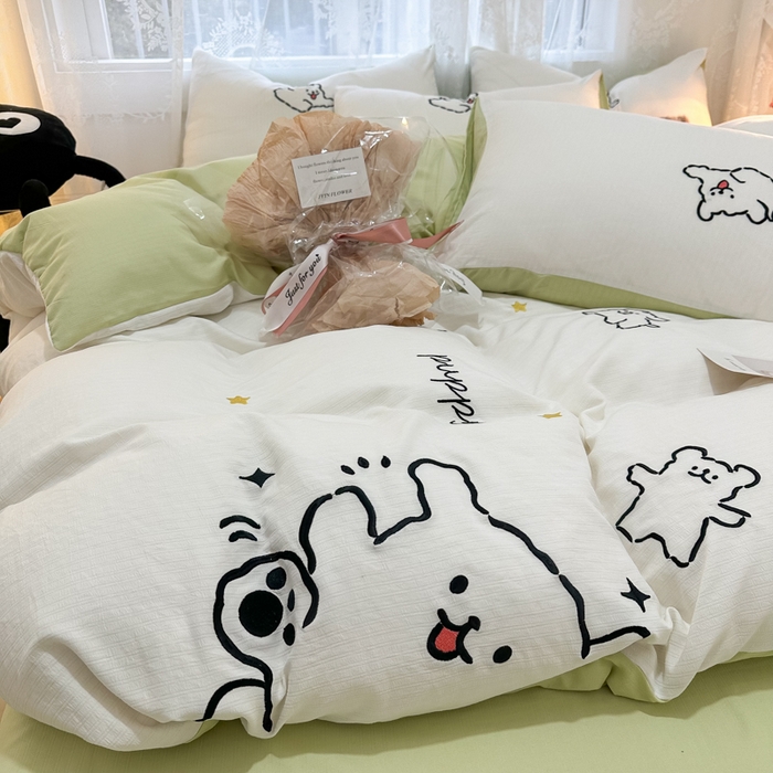 91家纺网 家纺一手货源 找家纺 多乐家纺 2025新款超柔加厚有氧提花针织小竺棉绣花四件套(提供买家秀） 小白-白绿