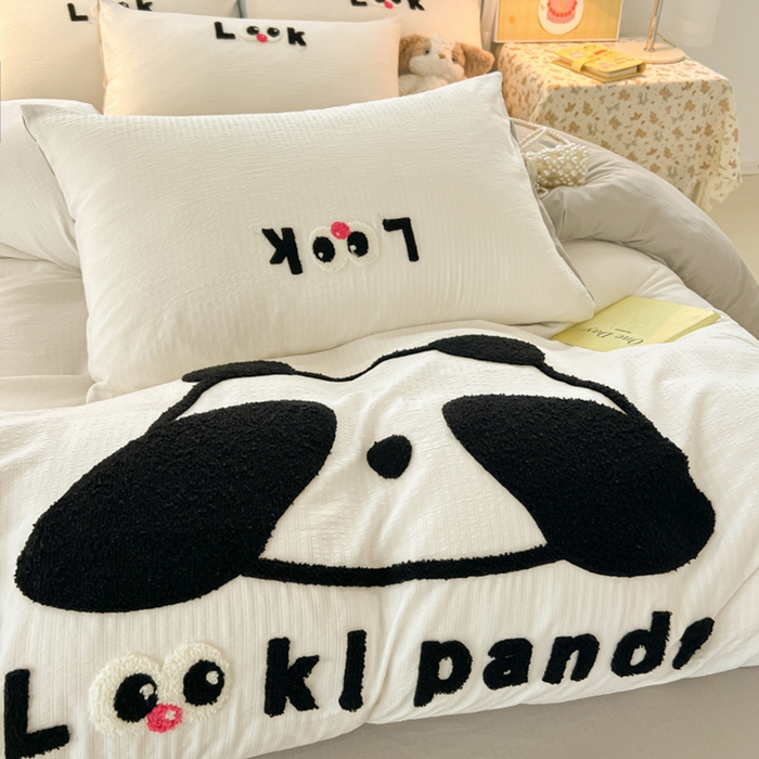 91家纺网 家纺一手货源 找家纺 多乐家纺 2025新款超柔加厚有氧提花针织小竺棉绣花四件套(提供买家秀） 大脸猫-白灰