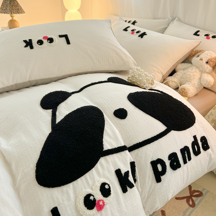 91家纺网 家纺一手货源 找家纺 多乐家纺 2025新款超柔加厚有氧提花针织小竺棉绣花四件套(提供买家秀） 大脸猫-白灰