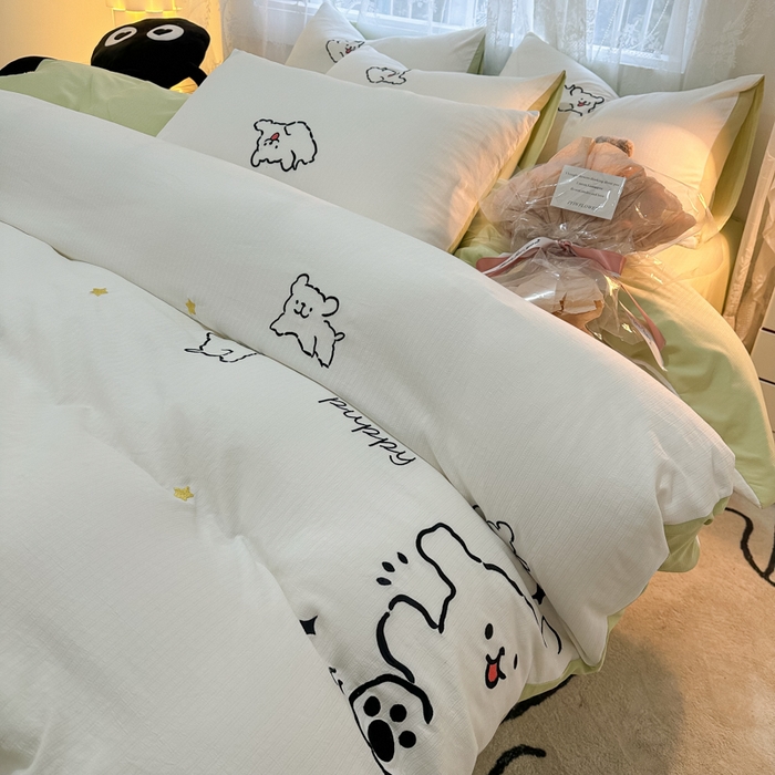 91家纺网 家纺一手货源 找家纺 多乐家纺 2025新款超柔加厚有氧提花针织小竺棉绣花四件套(提供买家秀） 小白-白绿