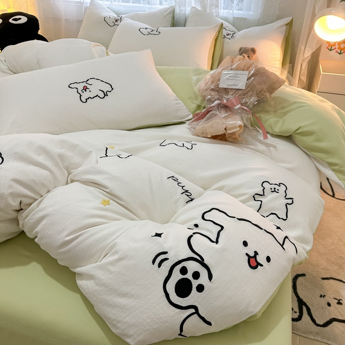 91家纺网 家纺一手货源 找家纺 多乐家纺 2025新款超柔加厚有氧提花针织小竺棉绣花四件套(提供买家秀） 小白-白绿