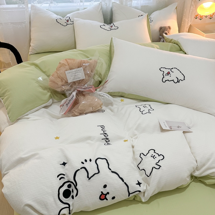 91家纺网 家纺一手货源 找家纺 多乐家纺 2025新款超柔加厚有氧提花针织小竺棉绣花四件套(提供买家秀） 小白-白绿