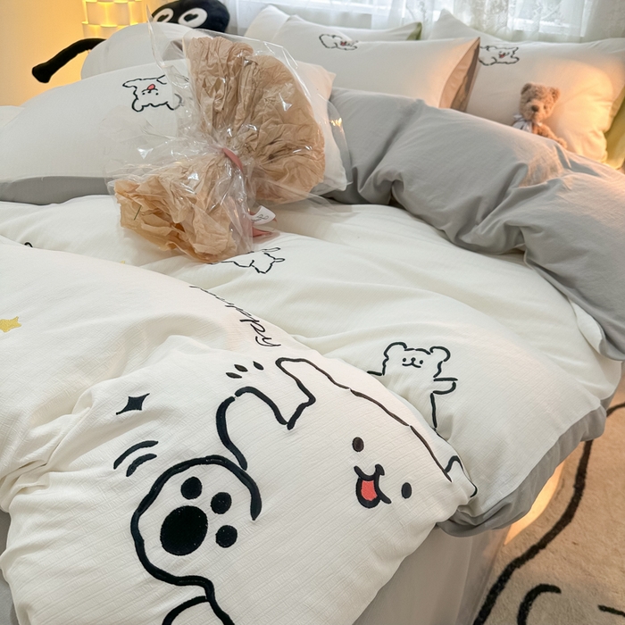 91家纺网 家纺一手货源 找家纺 多乐家纺 2025新款超柔加厚有氧提花针织小竺棉绣花四件套(提供买家秀） 小白-白灰