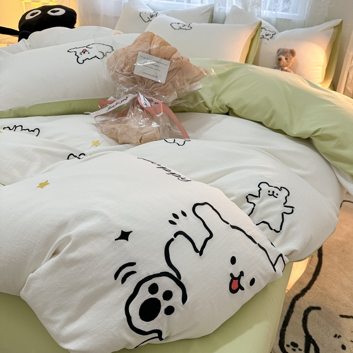 91家纺网 家纺一手货源 找家纺 多乐家纺 2025新款超柔加厚有氧提花针织小竺棉绣花四件套(提供买家秀） 小白-白绿