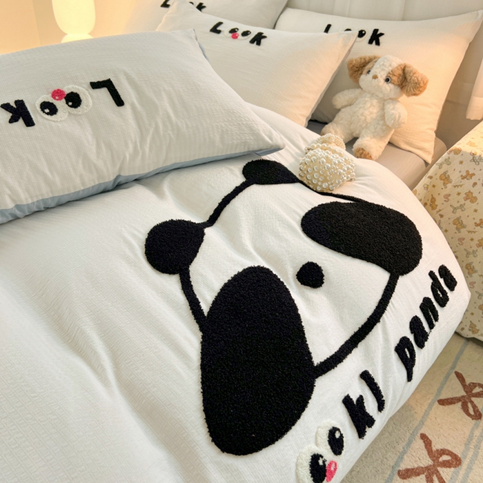 91家纺网 家纺一手货源 找家纺 多乐家纺 2025新款超柔加厚有氧提花针织小竺棉绣花四件套(提供买家秀） 大脸猫-白蓝