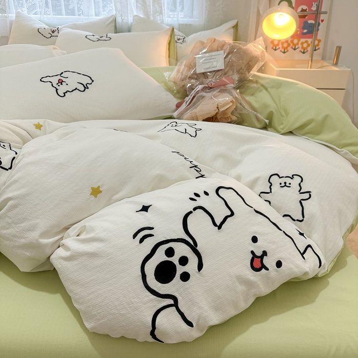 91家纺网 家纺一手货源 找家纺 多乐家纺 2025新款超柔加厚有氧提花针织小竺棉绣花四件套(提供买家秀） 小白-白绿