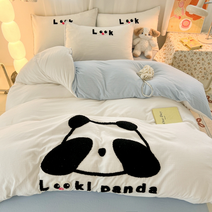 91家纺网 家纺一手货源 找家纺 多乐家纺 2025新款超柔加厚有氧提花针织小竺棉绣花四件套(提供买家秀） 大脸猫-白蓝