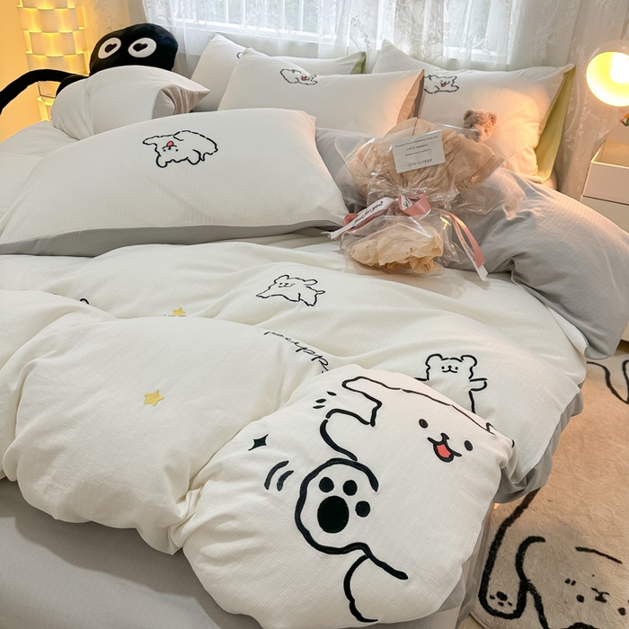 多乐家纺 2025新款超柔加厚有氧提花针织小竺棉绣花四件套(提供买家秀） 小白-白灰