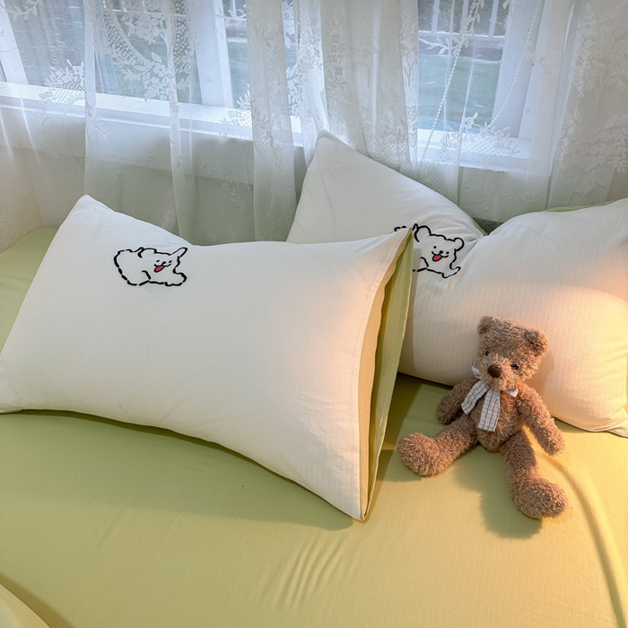 91家纺网 家纺一手货源 找家纺 多乐家纺 2025新款超柔加厚有氧提花针织小竺棉绣花四件套(提供买家秀） 小白-白绿