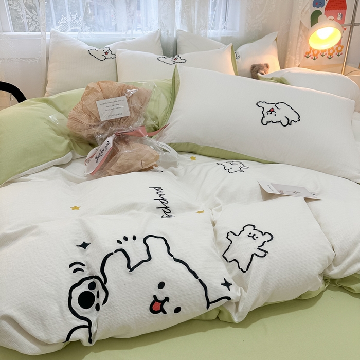 91家纺网 家纺一手货源 找家纺 多乐家纺 2025新款超柔加厚有氧提花针织小竺棉绣花四件套(提供买家秀） 小白-白绿