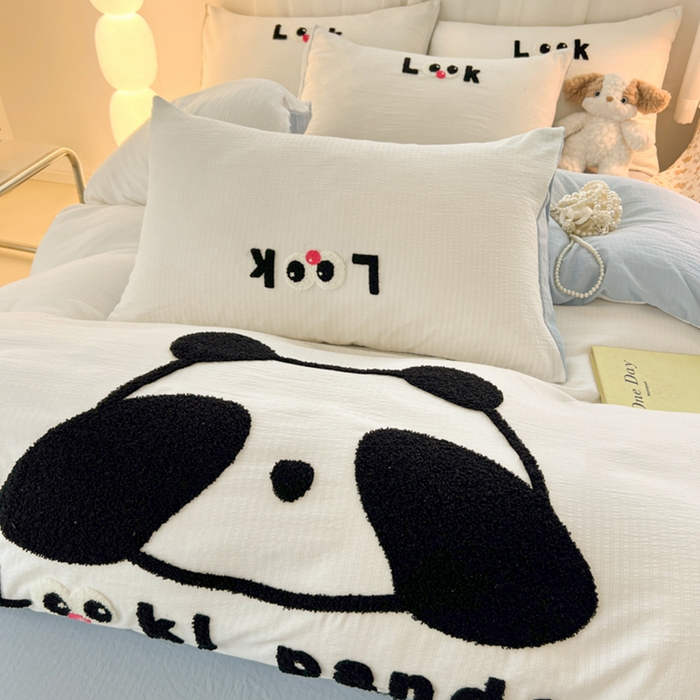 91家纺网 家纺一手货源 找家纺 多乐家纺 2025新款超柔加厚有氧提花针织小竺棉绣花四件套(提供买家秀） 大脸猫-白蓝