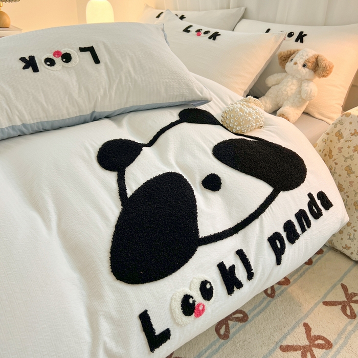 91家纺网 家纺一手货源 找家纺 多乐家纺 2025新款超柔加厚有氧提花针织小竺棉绣花四件套(提供买家秀） 大脸猫-白蓝