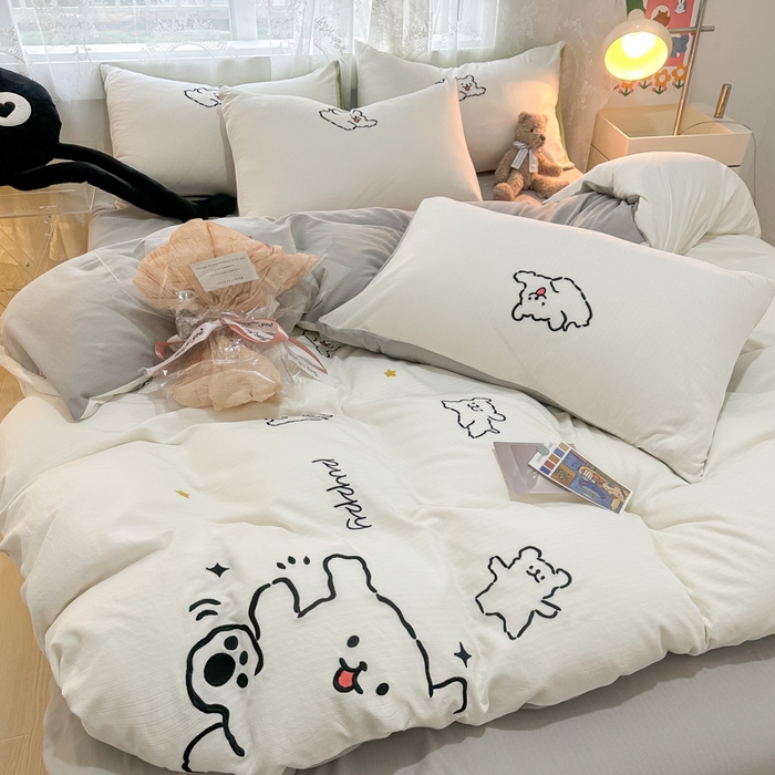 91家纺网 家纺一手货源 找家纺 多乐家纺 2025新款超柔加厚有氧提花针织小竺棉绣花四件套(提供买家秀） 小白-白灰