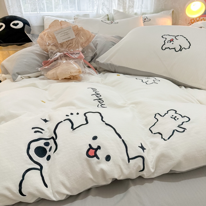 91家纺网 家纺一手货源 找家纺 多乐家纺 2025新款超柔加厚有氧提花针织小竺棉绣花四件套(提供买家秀） 小白-白灰