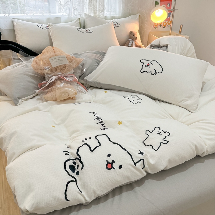 91家纺网 家纺一手货源 找家纺 多乐家纺 2025新款超柔加厚有氧提花针织小竺棉绣花四件套(提供买家秀） 小白-白灰