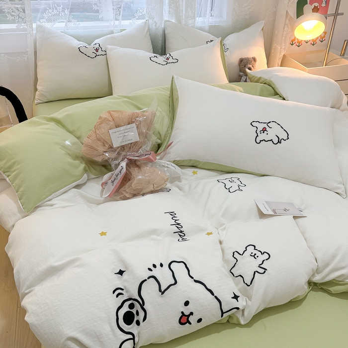 91家纺网 家纺一手货源 找家纺 多乐家纺 2025新款超柔加厚有氧提花针织小竺棉绣花四件套(提供买家秀） 小白-白绿