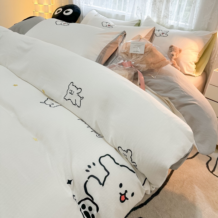 91家纺网 家纺一手货源 找家纺 多乐家纺 2025新款超柔加厚有氧提花针织小竺棉绣花四件套(提供买家秀） 小白-白灰