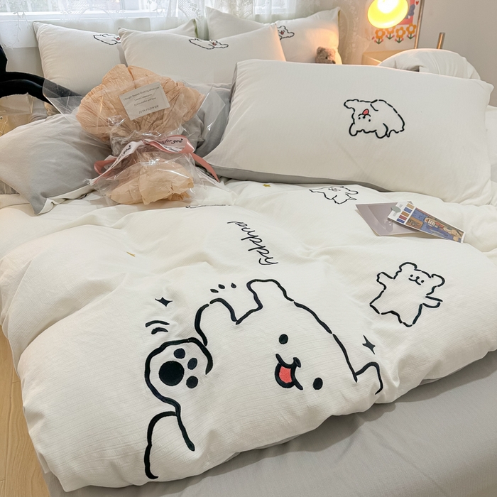 91家纺网 家纺一手货源 找家纺 多乐家纺 2025新款超柔加厚有氧提花针织小竺棉绣花四件套(提供买家秀） 小白-白灰