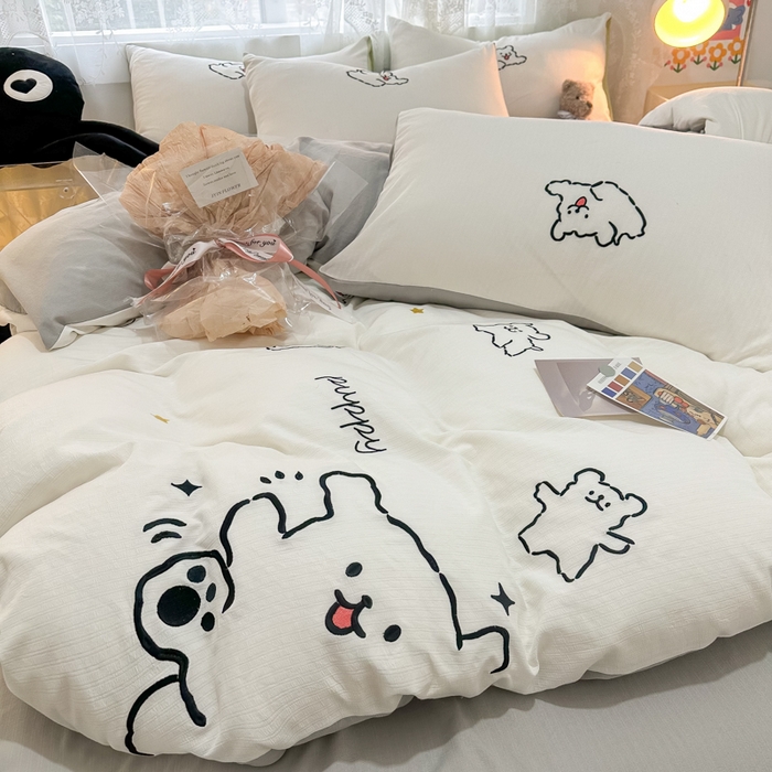 91家纺网 家纺一手货源 找家纺 多乐家纺 2025新款超柔加厚有氧提花针织小竺棉绣花四件套(提供买家秀） 小白-白灰