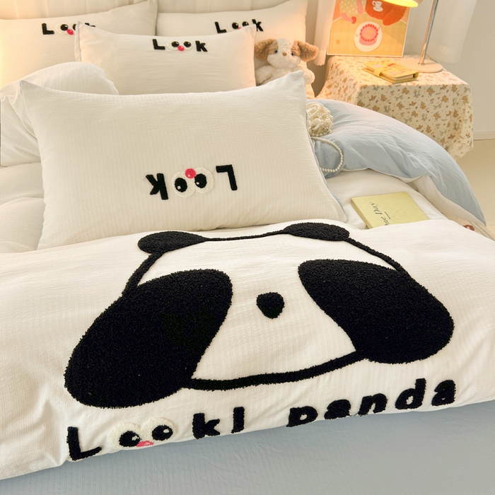 91家纺网 家纺一手货源 找家纺 多乐家纺 2025新款超柔加厚有氧提花针织小竺棉绣花四件套(提供买家秀） 大脸猫-白蓝