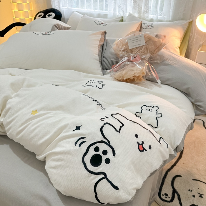 91家纺网 家纺一手货源 找家纺 多乐家纺 2025新款超柔加厚有氧提花针织小竺棉绣花四件套(提供买家秀） 小白-白灰