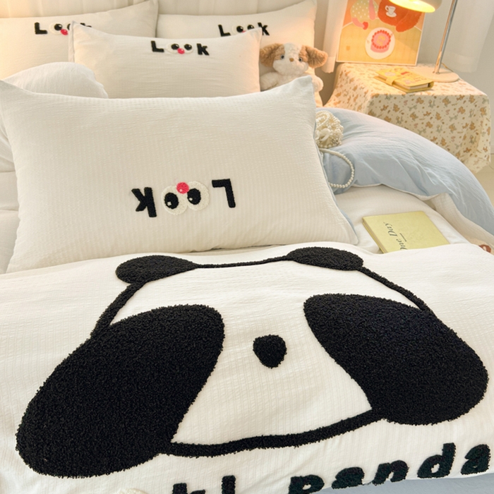 91家纺网 家纺一手货源 找家纺 多乐家纺 2025新款超柔加厚有氧提花针织小竺棉绣花四件套(提供买家秀） 大脸猫-白蓝