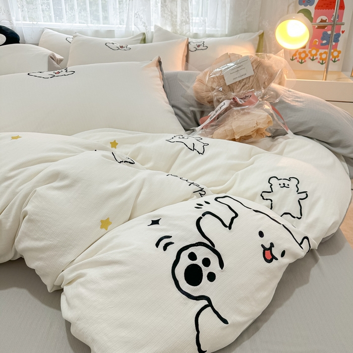 91家纺网 家纺一手货源 找家纺 多乐家纺 2025新款超柔加厚有氧提花针织小竺棉绣花四件套(提供买家秀） 小白-白灰