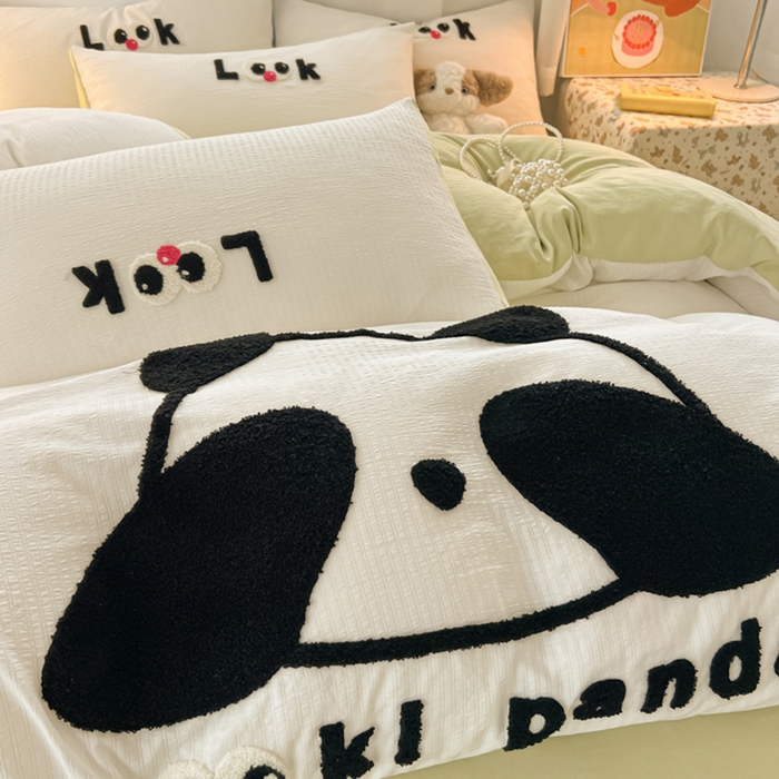 91家纺网 家纺一手货源 找家纺 多乐家纺 2025新款超柔加厚有氧提花针织小竺棉绣花四件套(提供买家秀） 大脸猫-白绿