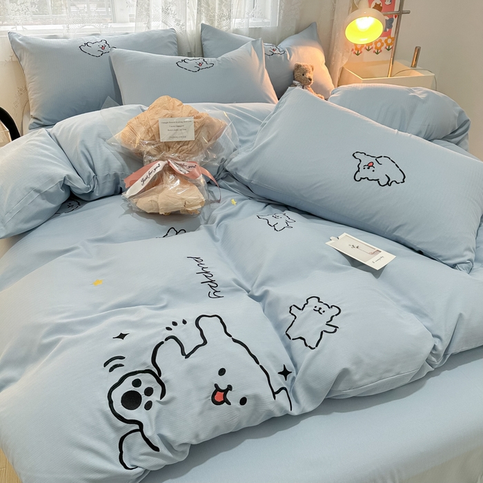 91家纺网 家纺一手货源 找家纺 多乐家纺 2025新款超柔加厚有氧提花针织小竺棉绣花四件套(提供买家秀） 小白-蓝蓝