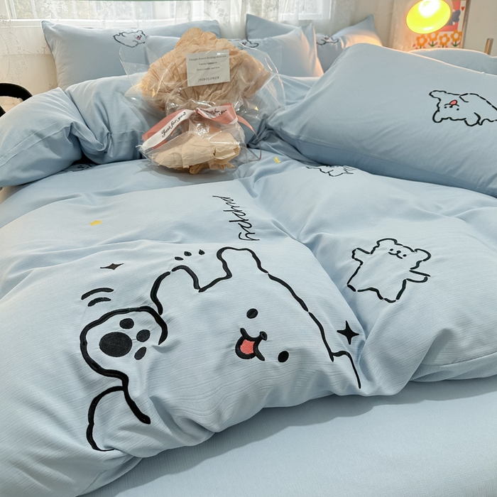 91家纺网 家纺一手货源 找家纺 多乐家纺 2025新款超柔加厚有氧提花针织小竺棉绣花四件套(提供买家秀） 小白-蓝蓝