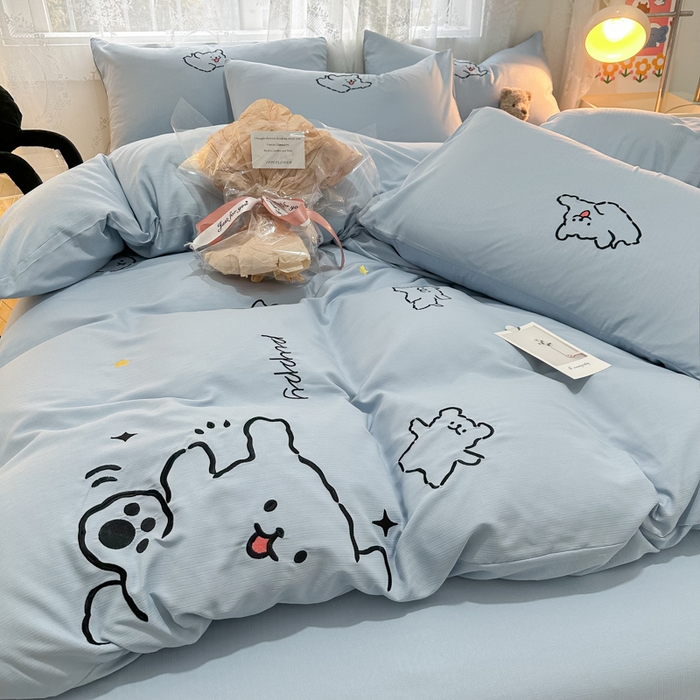 91家纺网 家纺一手货源 找家纺 多乐家纺 2025新款超柔加厚有氧提花针织小竺棉绣花四件套(提供买家秀） 小白-蓝蓝