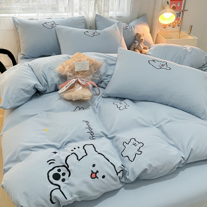 91家纺网 家纺一手货源 找家纺 多乐家纺 2025新款超柔加厚有氧提花针织小竺棉绣花四件套(提供买家秀） 小白-蓝蓝