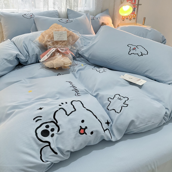 91家纺网 家纺一手货源 找家纺 多乐家纺 2025新款超柔加厚有氧提花针织小竺棉绣花四件套(提供买家秀） 小白-蓝蓝