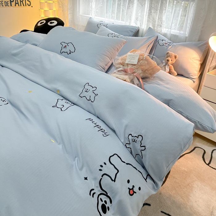 91家纺网 家纺一手货源 找家纺 多乐家纺 2025新款超柔加厚有氧提花针织小竺棉绣花四件套(提供买家秀） 小白-蓝蓝