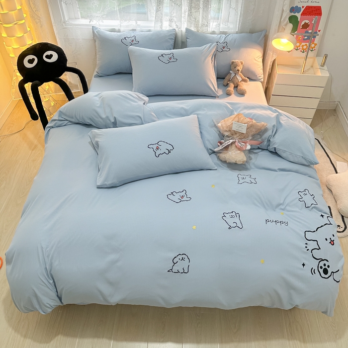 91家纺网 家纺一手货源 找家纺 多乐家纺 2025新款超柔加厚有氧提花针织小竺棉绣花四件套(提供买家秀） 小白-蓝蓝