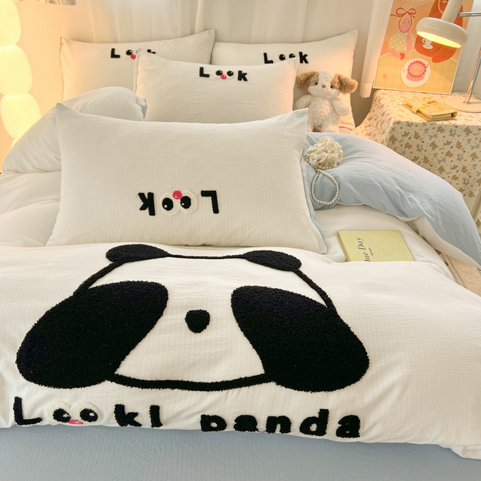 91家纺网 家纺一手货源 找家纺 多乐家纺 2025新款超柔加厚有氧提花针织小竺棉绣花四件套(提供买家秀） 大脸猫-白蓝