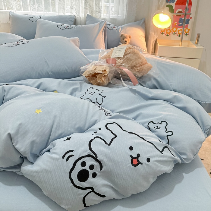 91家纺网 家纺一手货源 找家纺 多乐家纺 2025新款超柔加厚有氧提花针织小竺棉绣花四件套(提供买家秀） 小白-蓝蓝