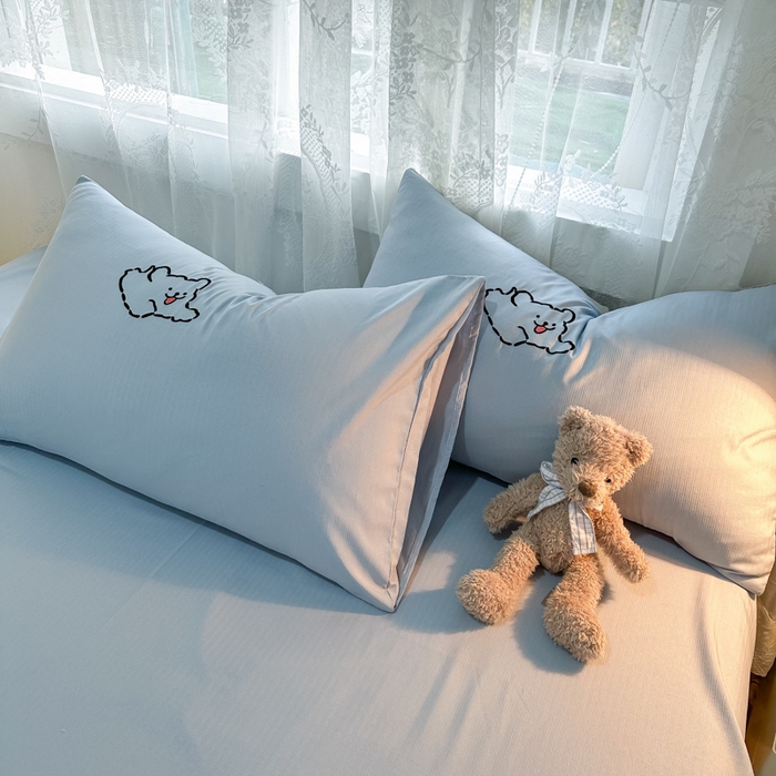 91家纺网 家纺一手货源 找家纺 多乐家纺 2025新款超柔加厚有氧提花针织小竺棉绣花四件套(提供买家秀） 小白-蓝蓝