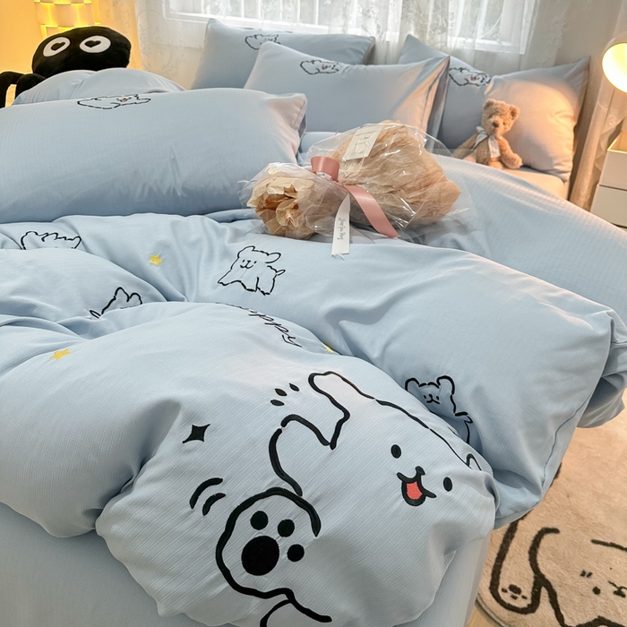 91家纺网 家纺一手货源 找家纺 多乐家纺 2025新款超柔加厚有氧提花针织小竺棉绣花四件套(提供买家秀） 小白-蓝蓝