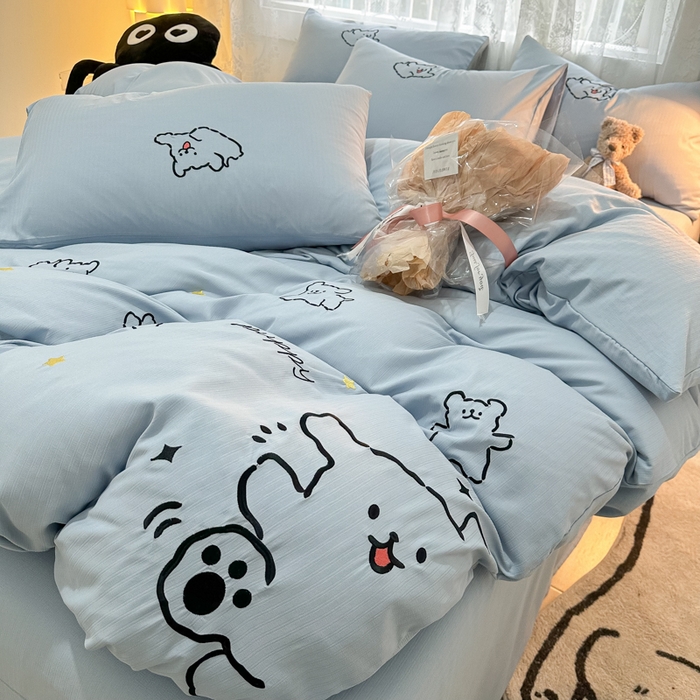 91家纺网 家纺一手货源 找家纺 多乐家纺 2025新款超柔加厚有氧提花针织小竺棉绣花四件套(提供买家秀） 小白-蓝蓝