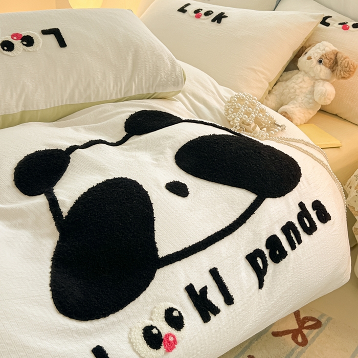 91家纺网 家纺一手货源 找家纺 多乐家纺 2025新款超柔加厚有氧提花针织小竺棉绣花四件套(提供买家秀） 大脸猫-白绿