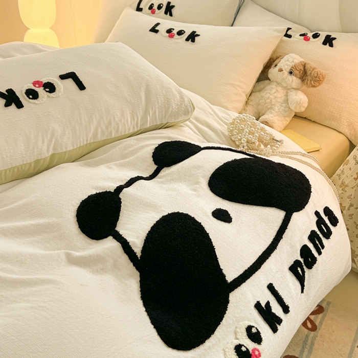 91家纺网 家纺一手货源 找家纺 多乐家纺 2025新款超柔加厚有氧提花针织小竺棉绣花四件套(提供买家秀） 大脸猫-白绿