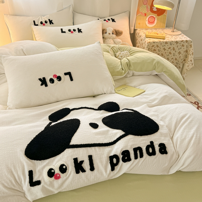 91家纺网 家纺一手货源 找家纺 多乐家纺 2025新款超柔加厚有氧提花针织小竺棉绣花四件套(提供买家秀） 大脸猫-白绿