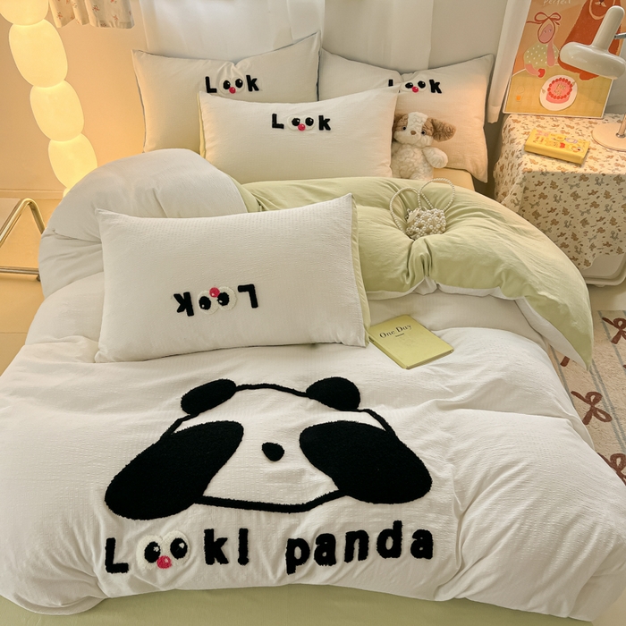 多乐家纺 2025新款超柔加厚有氧提花针织小竺棉绣花四件套(提供买家秀） 大脸猫-白绿