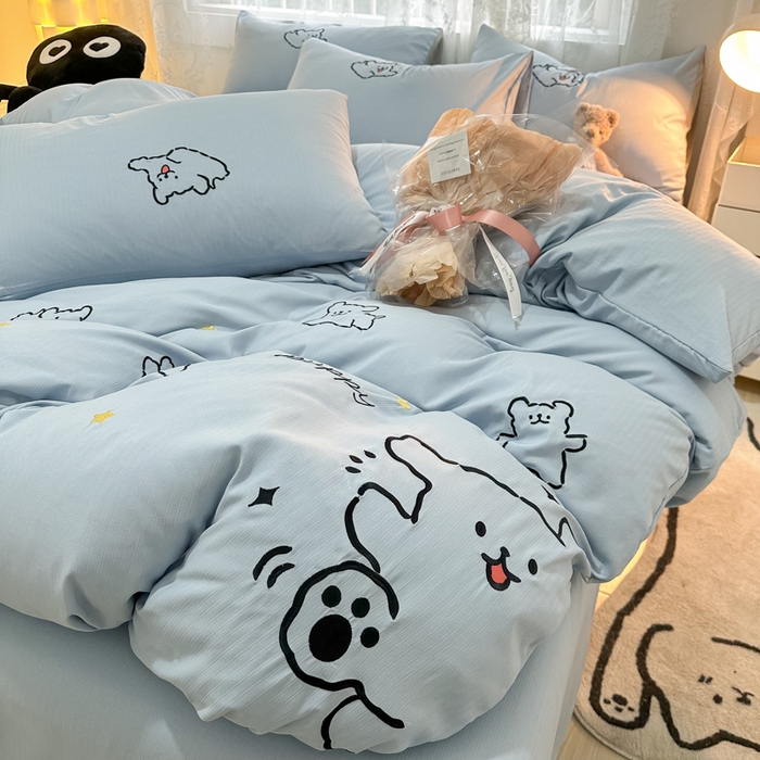 多乐家纺 2025新款超柔加厚有氧提花针织小竺棉绣花四件套(提供买家秀） 小白-蓝蓝