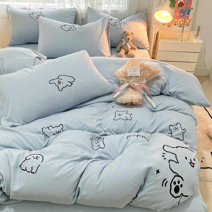 91家纺网 家纺一手货源 找家纺 多乐家纺 2025新款超柔加厚有氧提花针织小竺棉绣花四件套(提供买家秀） 小白-蓝蓝