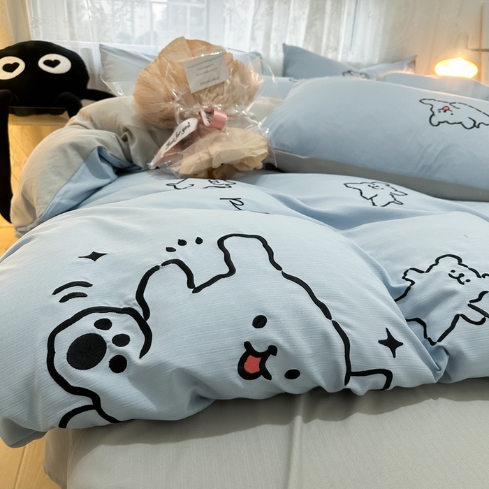 91家纺网 家纺一手货源 找家纺 多乐家纺 2025新款超柔加厚有氧提花针织小竺棉绣花四件套(提供买家秀） 小白-蓝灰